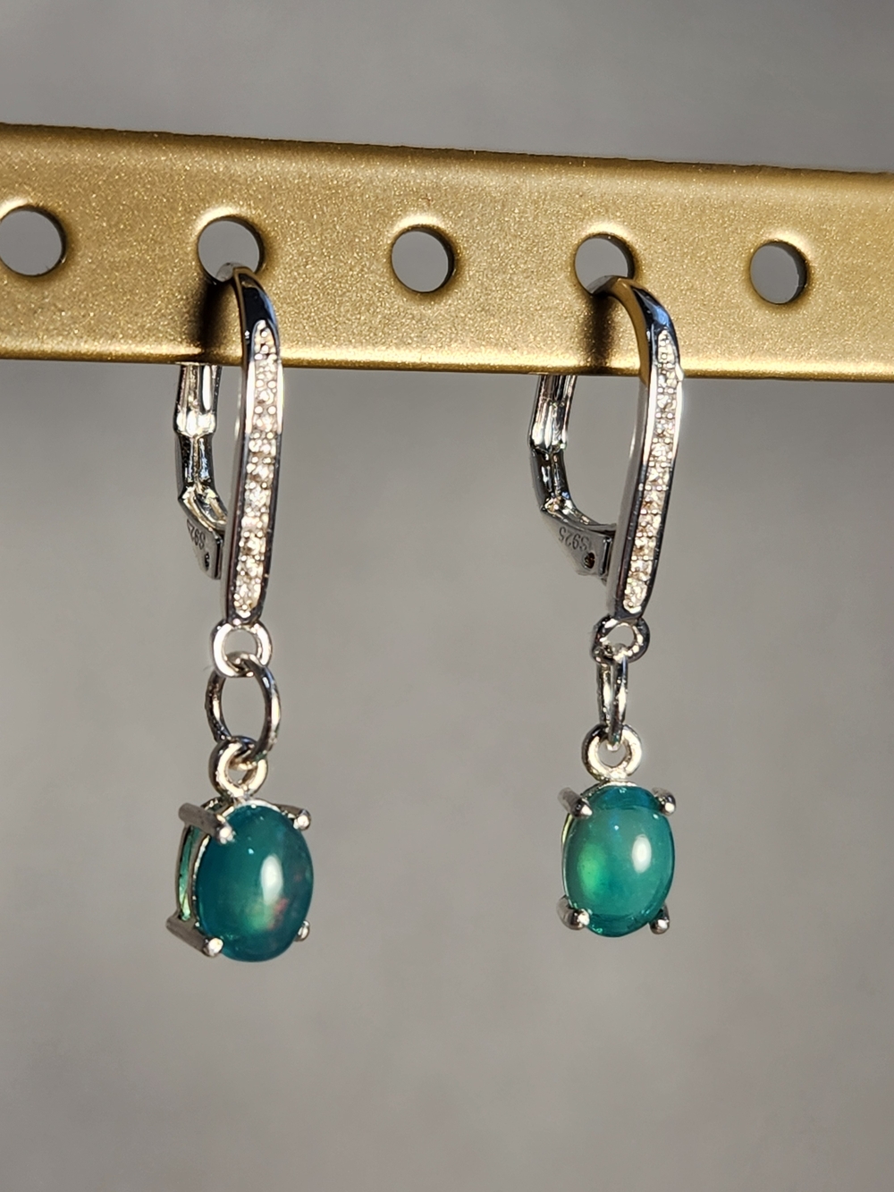 NIB Ethiopian Welo Opal 925 Leverback Drop Earrings Aqua Green